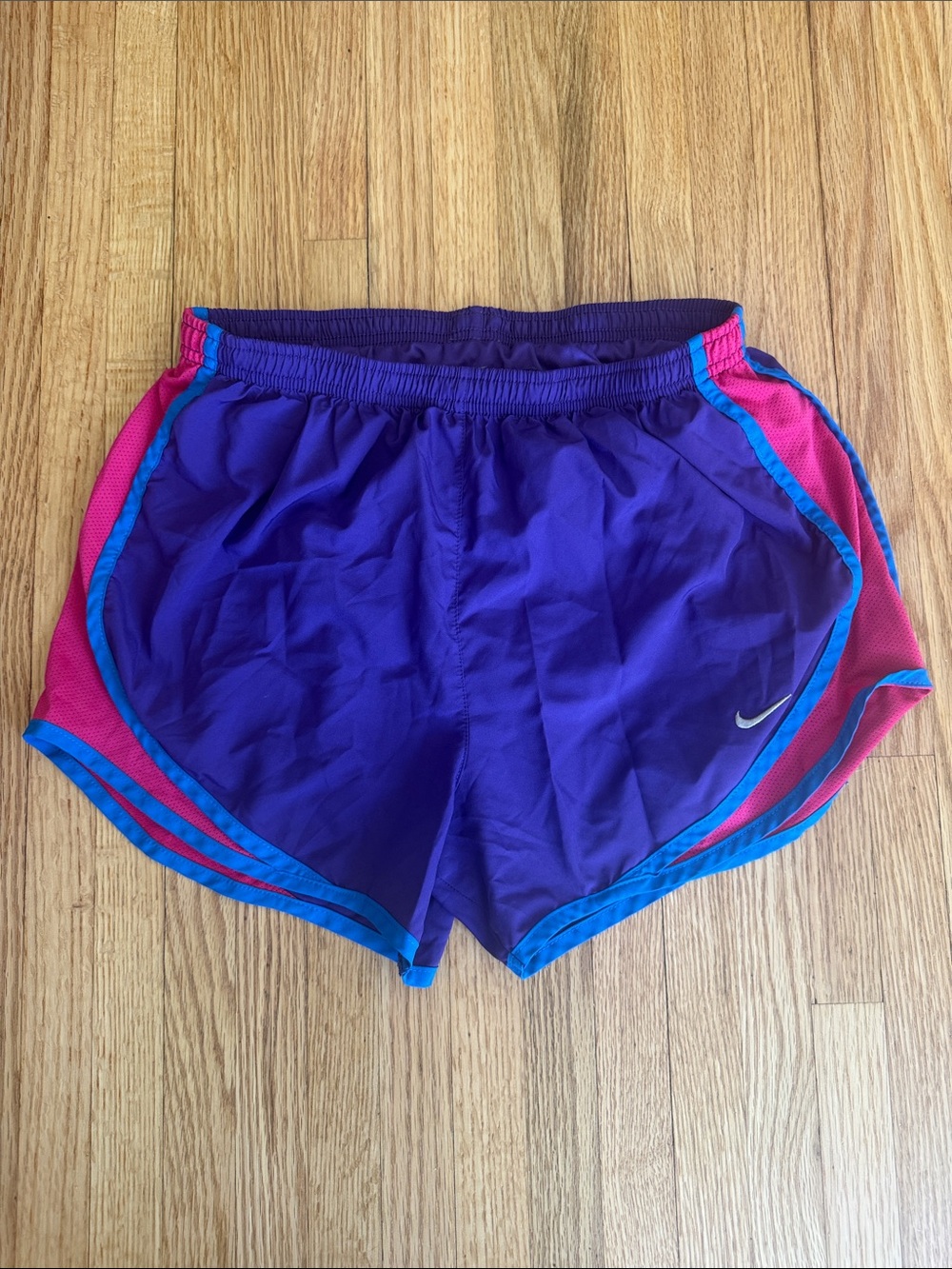 Nike Women’s Dri-Fit Purple Athletic Shorts with Pink Panels & Blue Trim